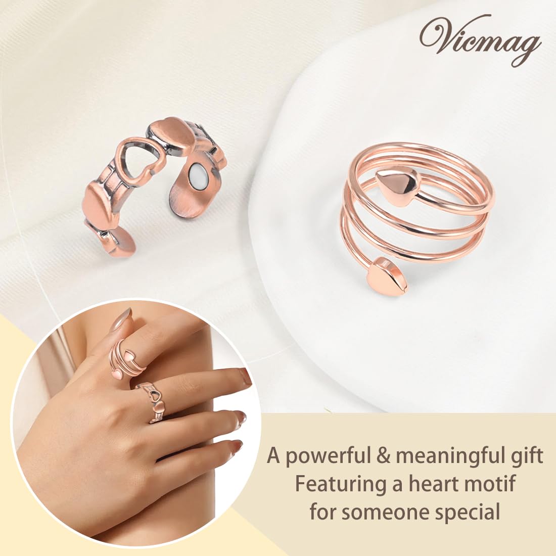 Vicmag 2PCS Magnetic Copper Rings for Women & Men,99.99% Pure Copper Ring with 9X Magnets Gift Adjustable(Heart & Love)
