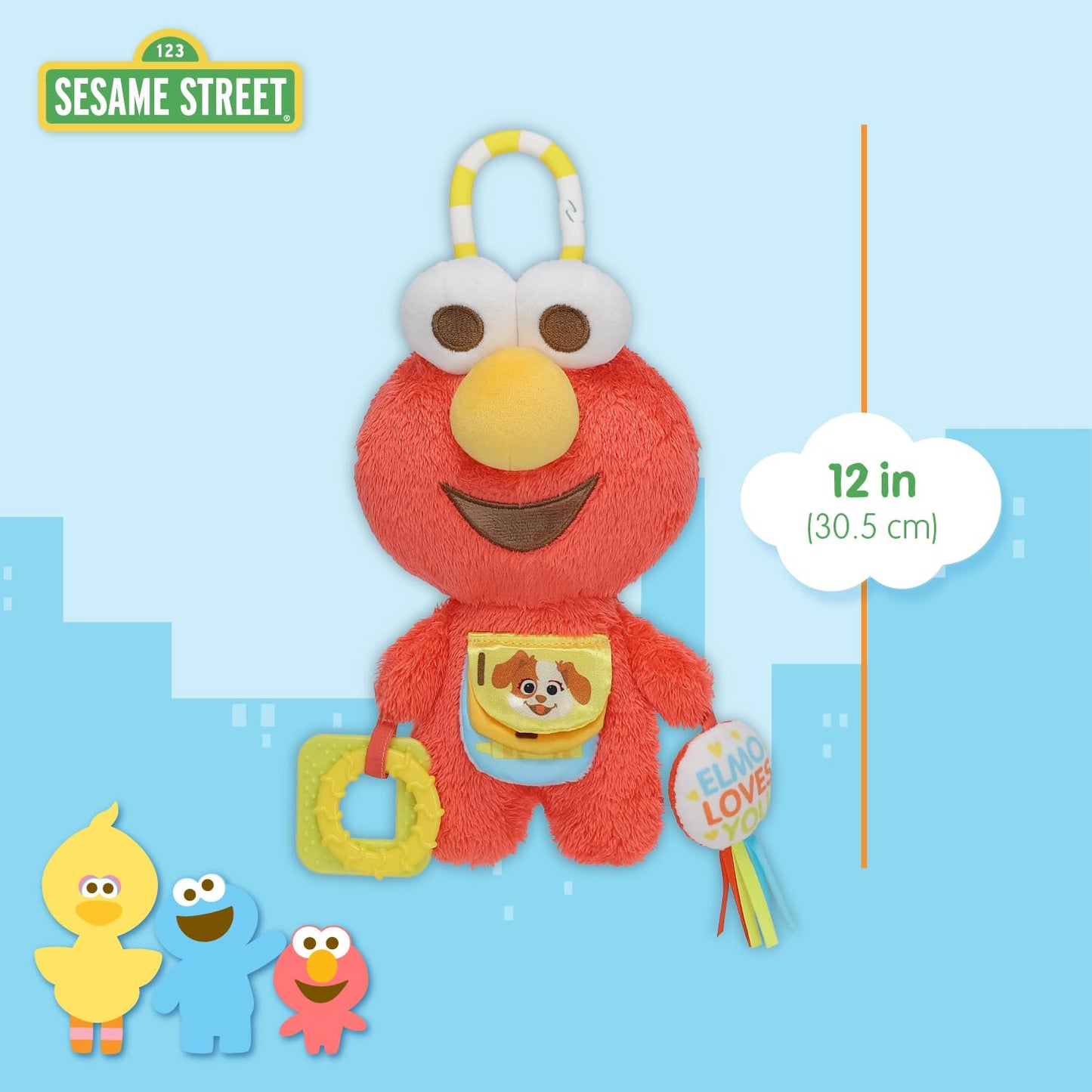 Kids Preferred Sesame Street Elmo Activity Toy with Teething Rings, Crinkle Sounds, and On The Go Clip for Babies and Infants