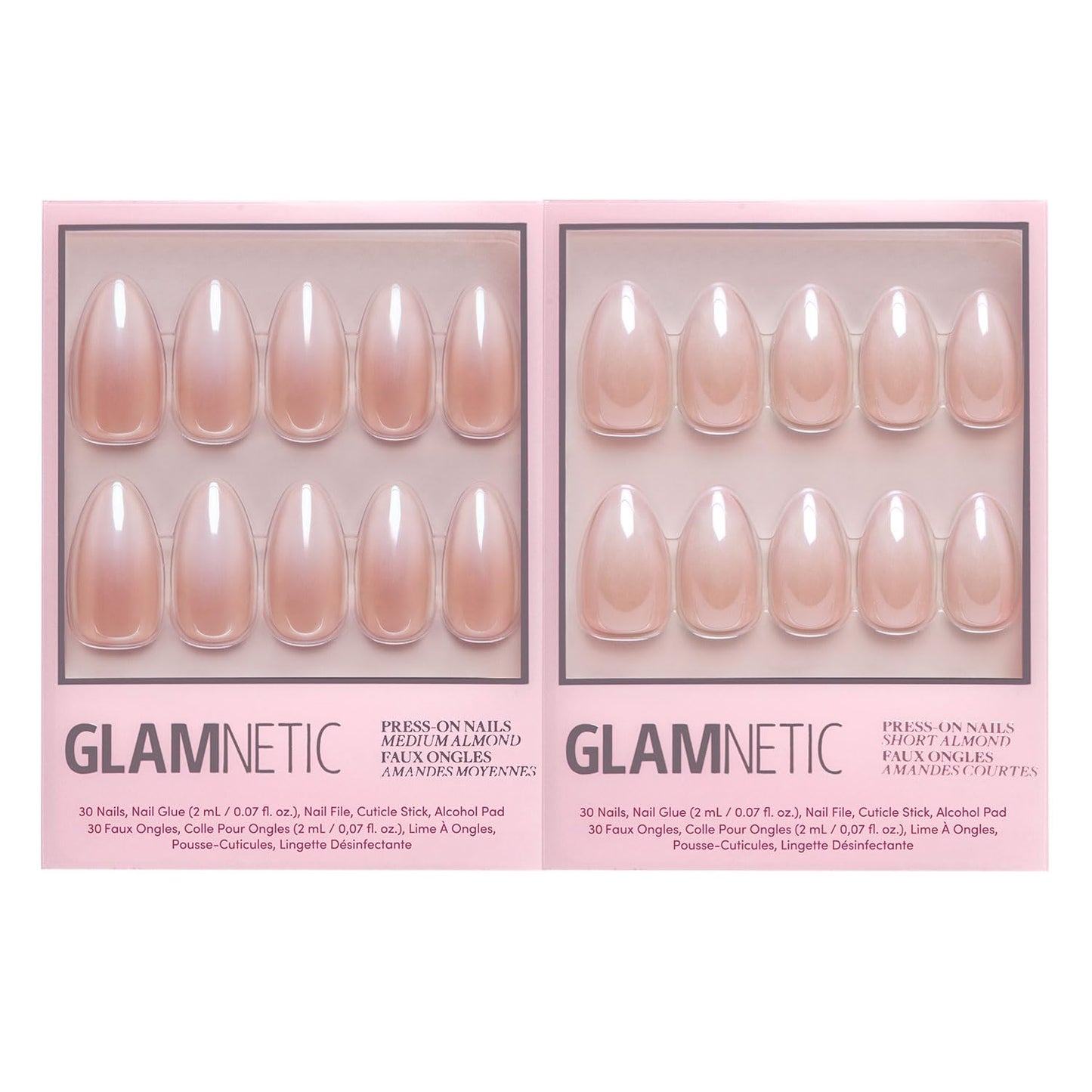 Glamnetic Press-On Nails Bundle - Frosted Chai & Fiancéd | 2 Glazed Nude Fake Nails with Ombré in Medium Almond & Short Almond | Durable, Salon-Quality Nail Kits
