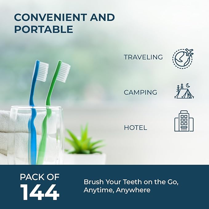 The Essentials Dreams 144 Pack Disposable Toothbrushes with Mint Toothpaste, Individually Wrapped - Prepasted Single Use Toothbrush with Soft Bristles for Camping, Hotels, Travel, Airbnb