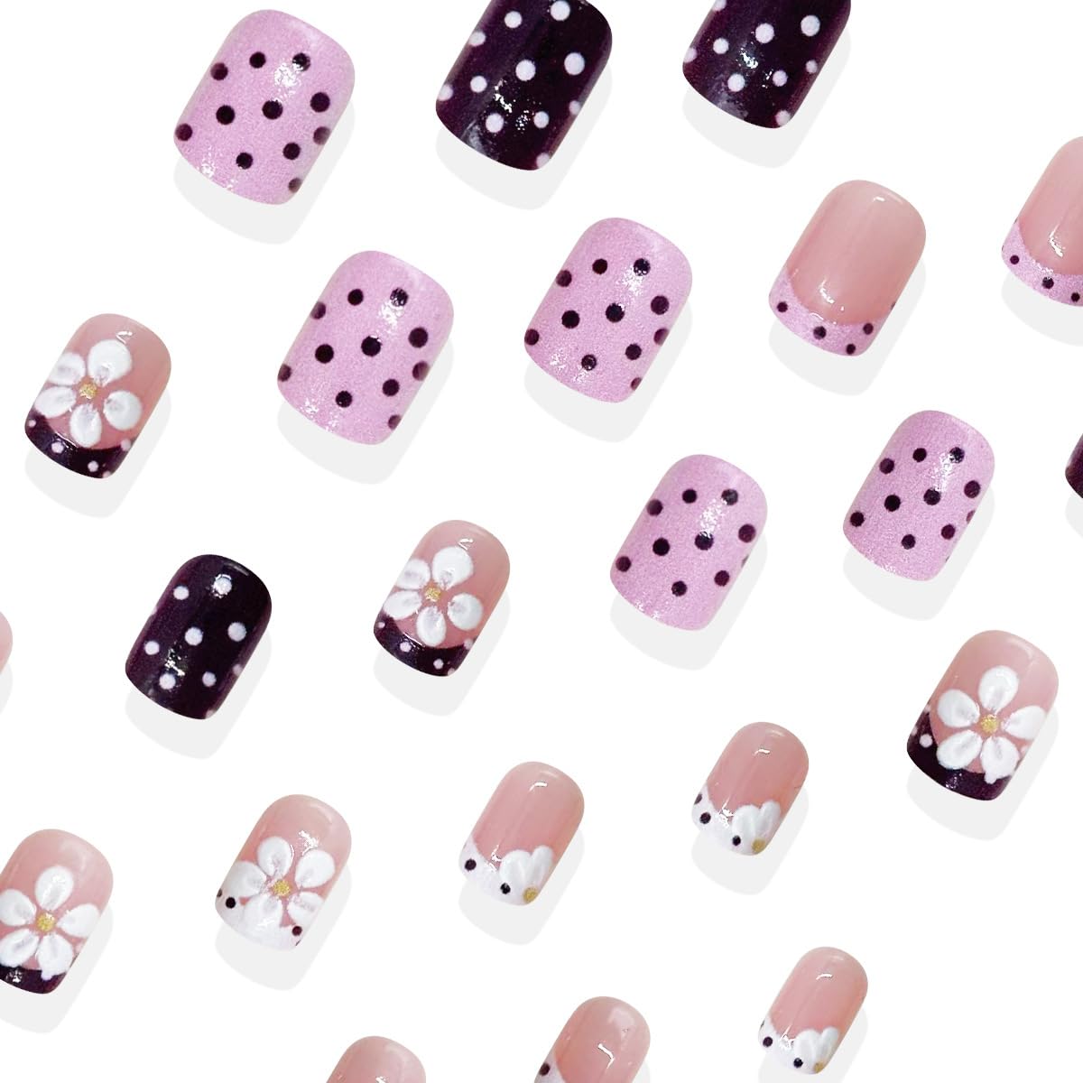 Polka Dot Press on Nails Short - Square Fake Nails with 3D Flower Designs Spring Glue on Nails Pink & Brown French Tip Nails Press ons Glossy Full Cover Stick on Nails for Women Girls 24Pcs