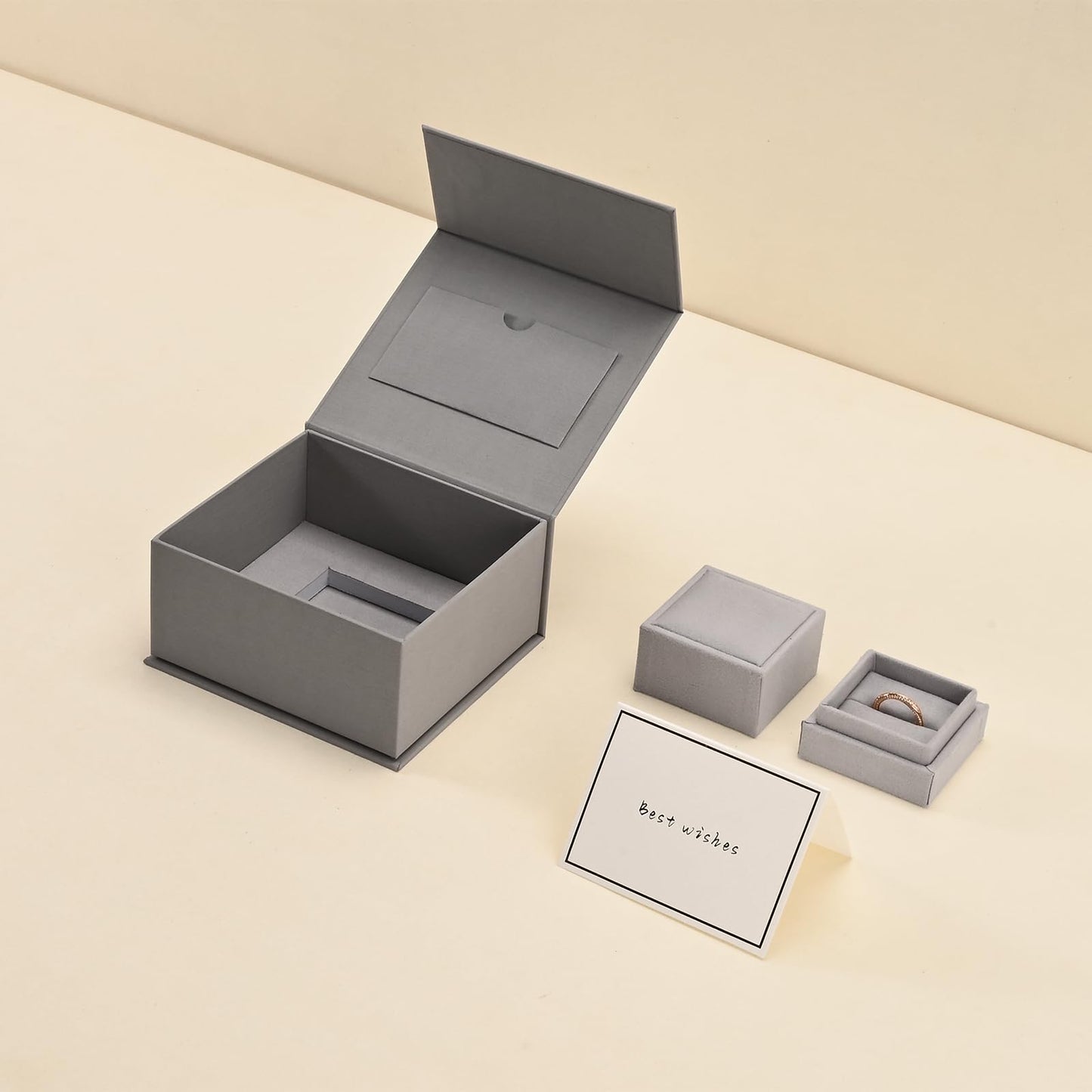 Papten Velvet Ring Gift Box with Outer Packaging Box, Included Blank Greeting Card, Perfect for Wedding Proposal Engagement (Grey)