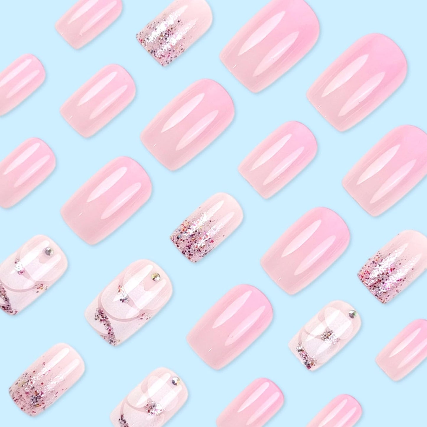 24Pcs Press on Nails Medium Square Fake Nails with Glitter Rhinestones Designs Glossy Nails Press ons Pink Gradient Glue on Nails Acrylic Artificial Stick on Nails for Women