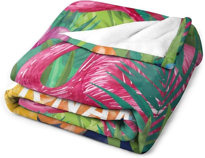 Custom Flamingo Blanket Gifts - 50 x 60 Inches Funny Flamingo Throw - Green Fluffy Warm Cozy Blankets for Sofa