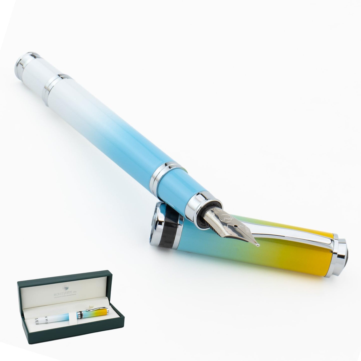 Monteverde USA Innova Ombre Fusion Bliss (Gold/Blue/White Gradient Finish) Fountain Pen - Medium Nib, Refillable, Gift Case, Luxury Pen