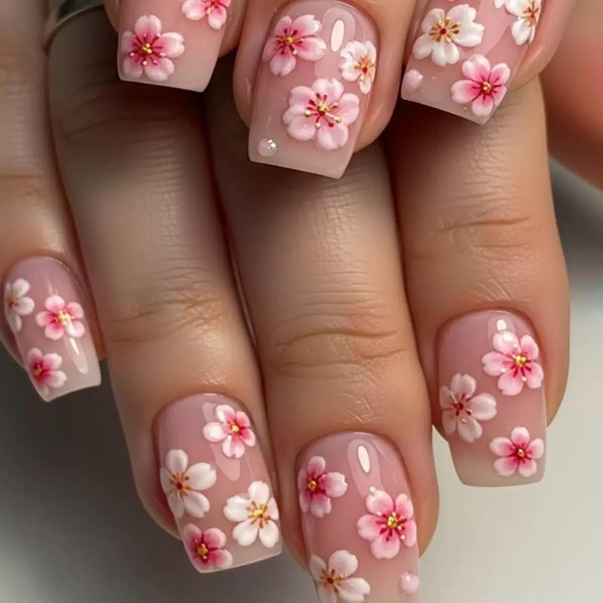 CTTHNBD Medium Press on Nails - Square Fake Nails with Pink Flower Design - Spring, Cute Full Cover Stick on False Nails for Women - 24 Pcs