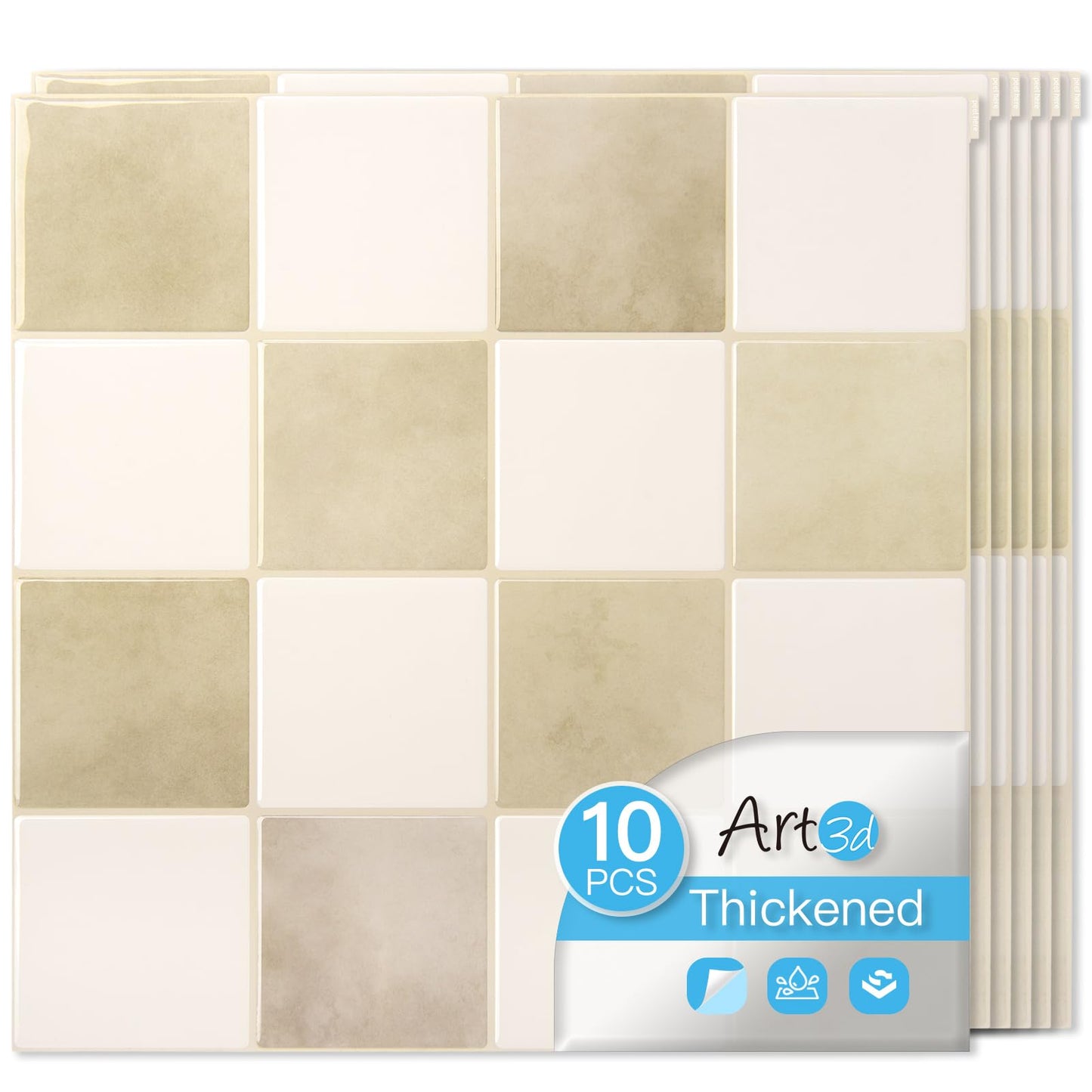 Art3d 10-Pack Heavy-Duty Peel and Stick Backsplash, 12x12 Inch Self-Adhesive Wall Tile Stick on Kitchen Countertop, Beige and White