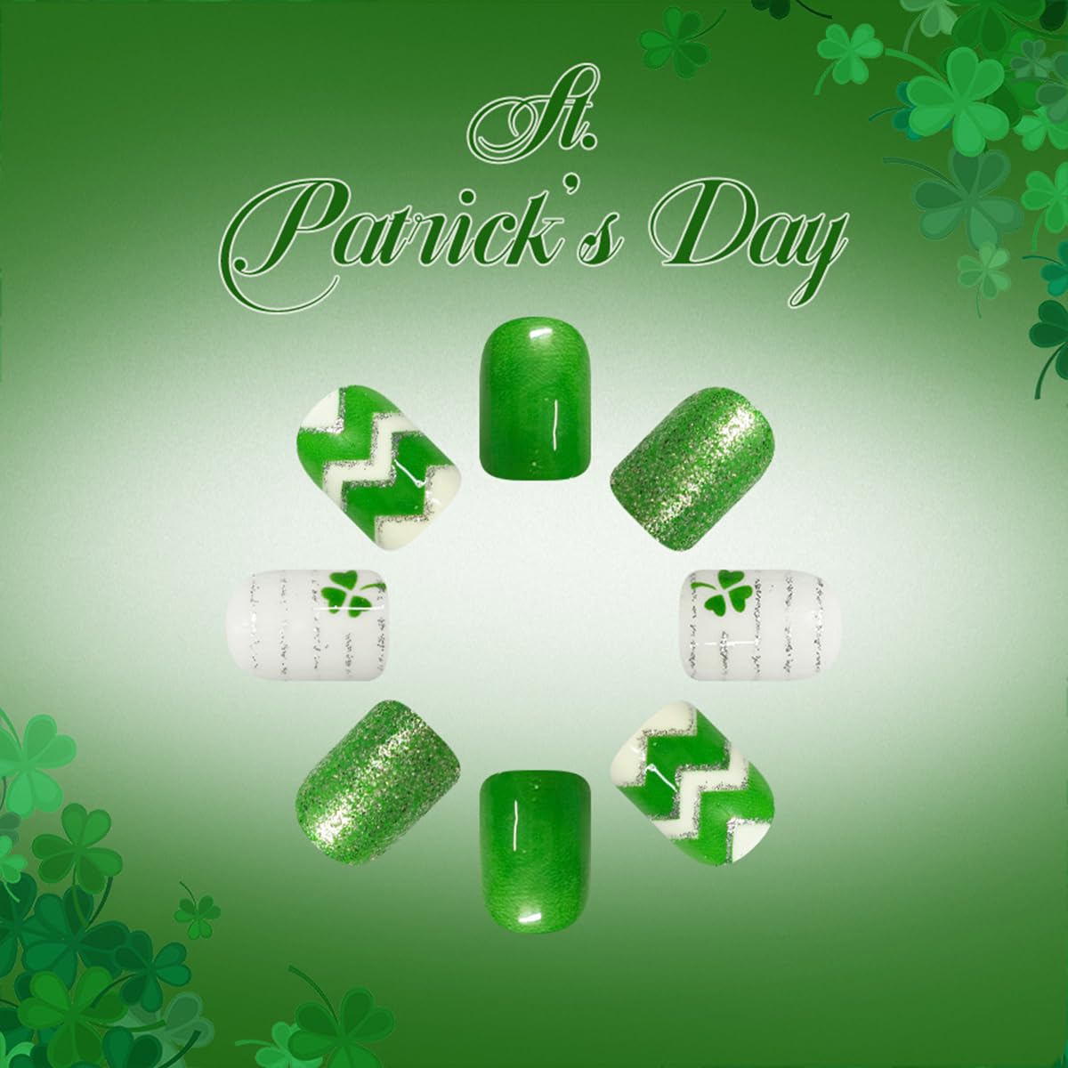 24Pcs St. Patrick's Day Press on Nails Short Square Green Fake Nails with Clover Stripes Designs White Nails Tip Kit Glossy Full Cover Glitter Glue on Nails Reusable Stick on Nails for Women