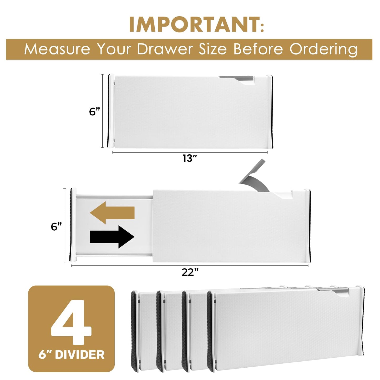RAPTUROUS Adjustable Deep Drawer Divider – 6" Tall, Expandable 13-22", 4-Pack, Non-Slip Drawer Dividers for Clothes, Dresser, Kitchen & Office Organization (White)
