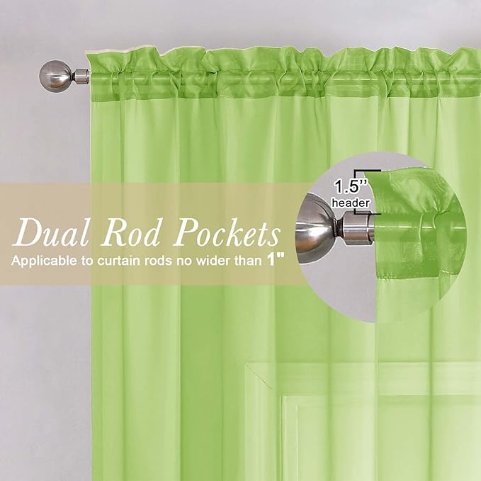Lecloud Lime Sheer Curtains 63 Inch Length 2 Pcs, Lightweight Solid Transparent Window Curtains for Bedroom, Dual Rod Pocket Modern Farmhouse Decor Drapes for Living Room, Each Panel 42" W x 63" L