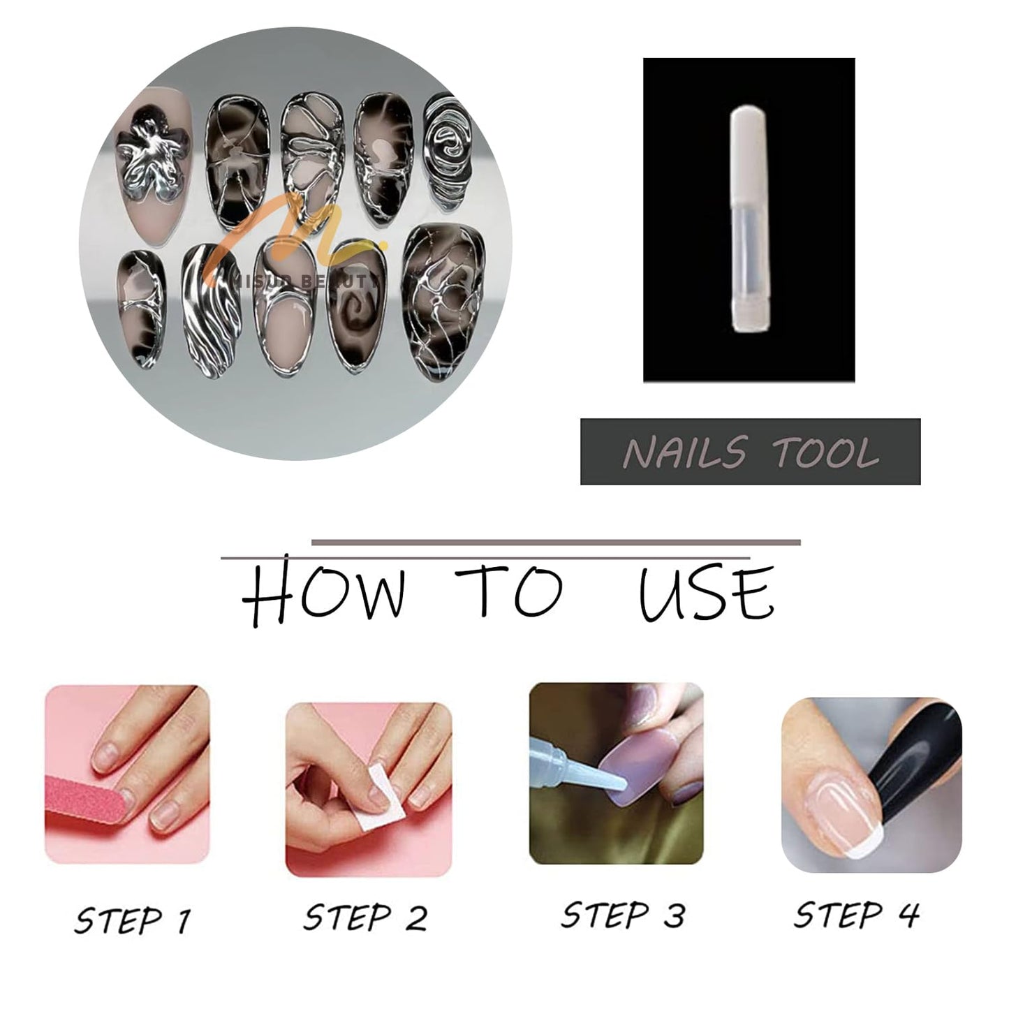 MISUD Press on Nails - Medium Almond Fake Nails with Goth Black Acrylic Silver Chrome Design 24 pcs