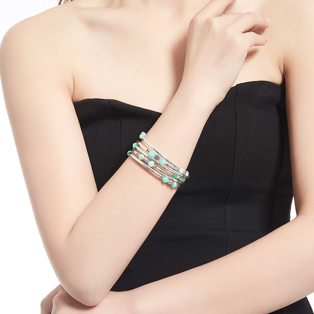 BULINLIN Wrap Bangle Rose Bead Bracelet - Beaded Bracelet with Natural Agate Stone Gifts For Women(01-Water green)