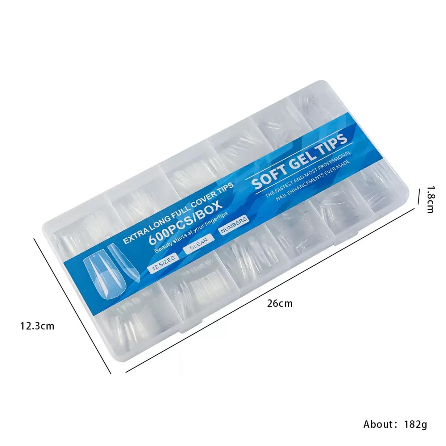 Medium Long Square Nail Tips, 600pcs Soft Nail Gel Tips Pre-Shaped Acrylic Fake Nails, Half Matte Full Cover Clear Jelly Press on False Nail Tips for Extension Nail Manicure Home DIY 12 Sizes