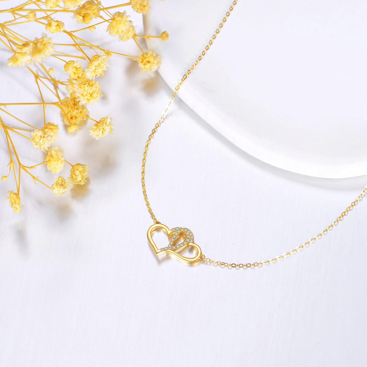 DOVRAN 14K Solid Gold Double Heart Necklace Heart Pendant Jewelry Gifts for Men Women