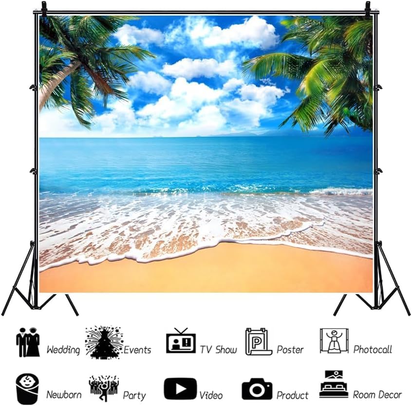 Summer Tropical Beach Backdrop Blue Sea Sky White Clouds Palm Trees Backdrop Theme Portrait Photography Background Holiday Photo Video Studio Props Banner 12x8ft - color: Blue, size: 12x8ft