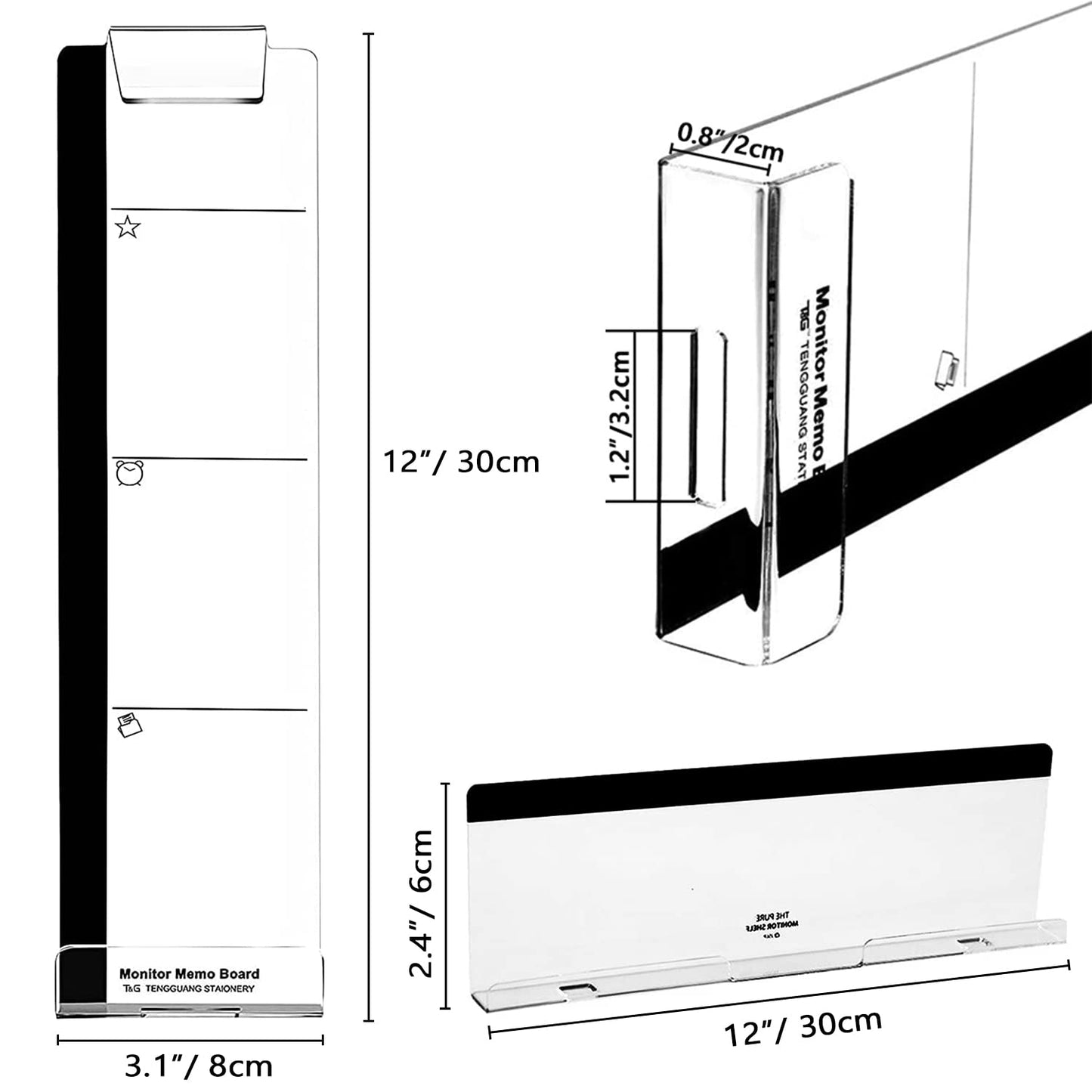 Monitor Memo Boards for Computer, Set of 3 (Left & Right & Bottom) Multifunction Acrylic Screen Message Reminder Pad Side Panels Phone Holder - Utility Organizer for Office Desktop, with Sticky Notes