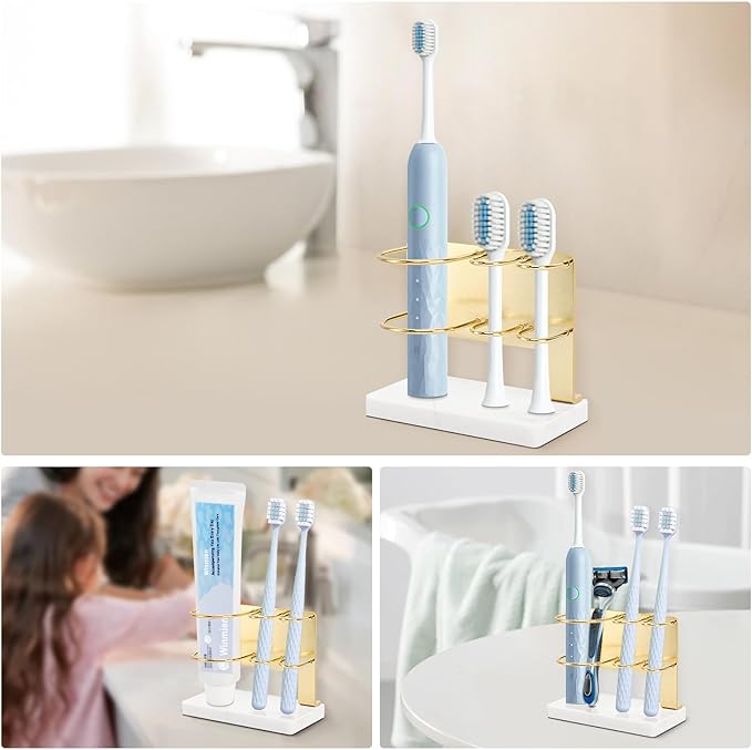 Toothbrush Holder for Bathroom Counter, Metal Toothbrush and Toothpaste Holder Stand with Marble Base for Bath Organizer Countertop, 3 Slots (Gold)