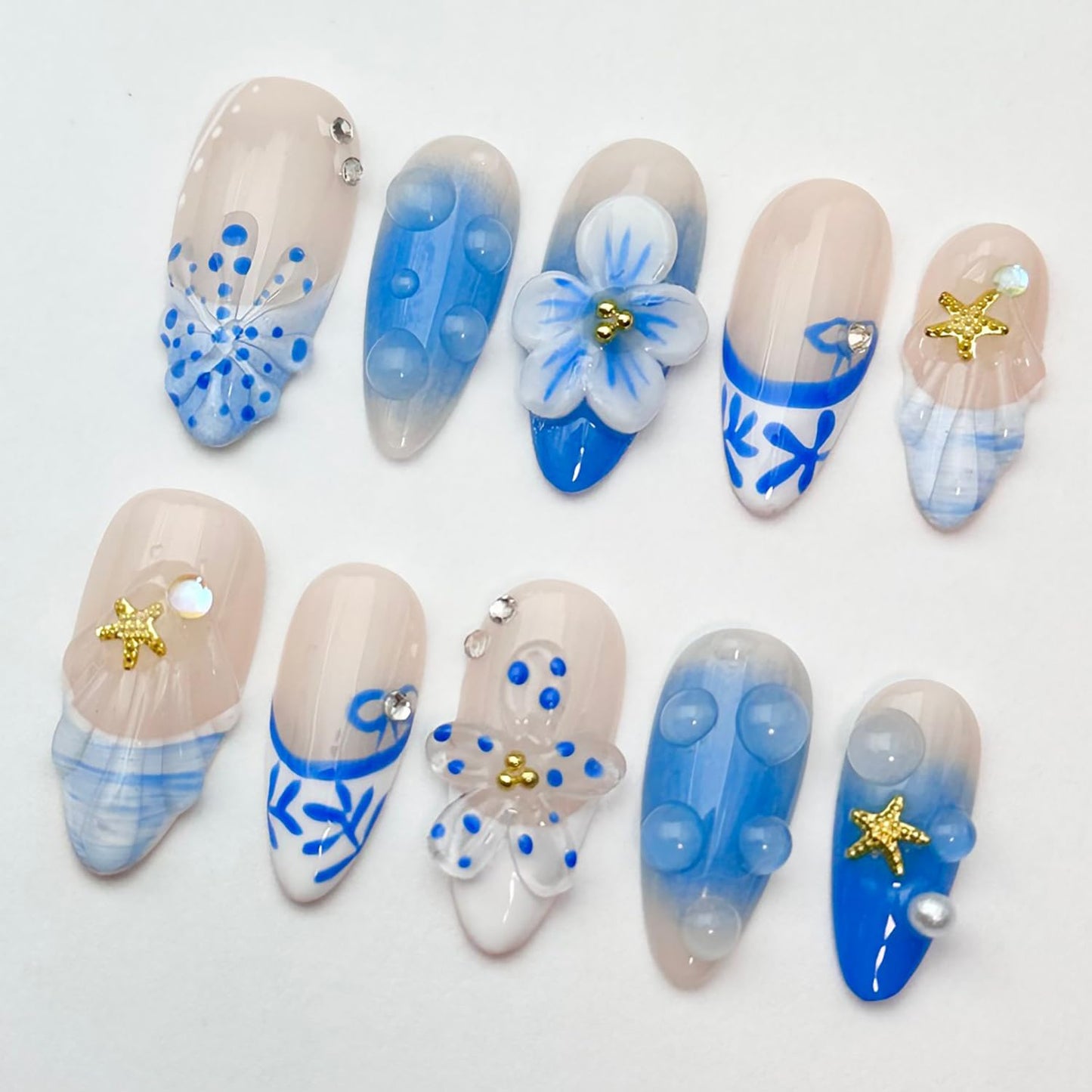 Luxury Press on Nails Medium Almond Handmade 3D Unique Reusable ABS Material Fake Nails Blue French Tip False Nails with Designs Starfish Flower Art Petal Glossy Glue on Nails Thick Acrylic Nails(M)