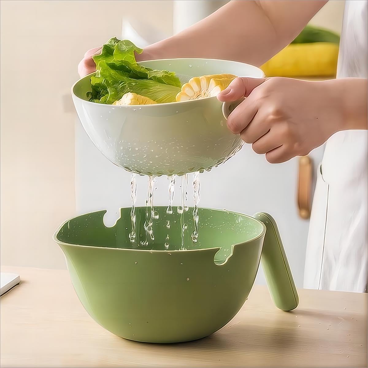 Elite Aiwei 2-1 Kitchen Colander Rotating Washing Basket with Handle - Pasta Strainer - Fruit Washing Bowl with Strainer - Fruit Rinser Container (Avocado Green)