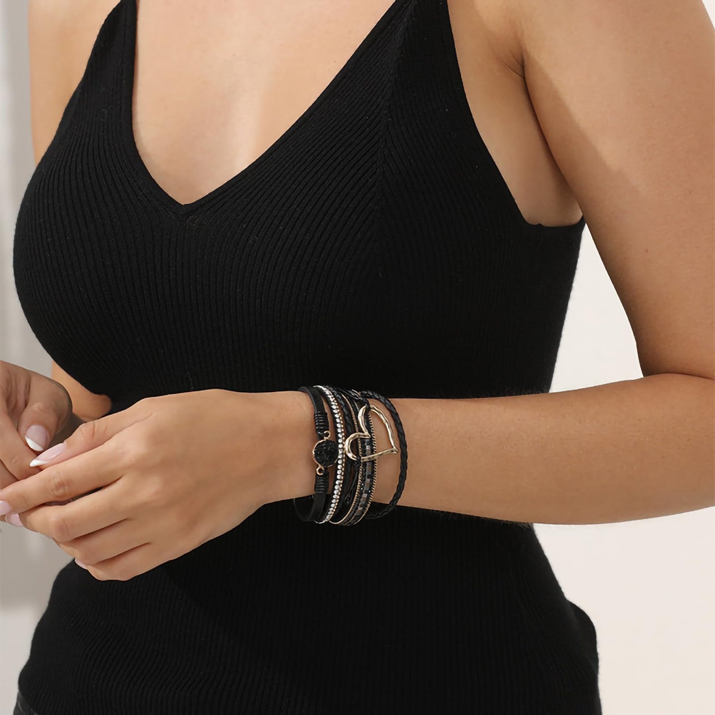 Leopard Bracelet for Women, Boho Leather Wrap Multi-Layer Pearl Crystal Bracelet Bangle Jewelry (Heart Leather(Black))