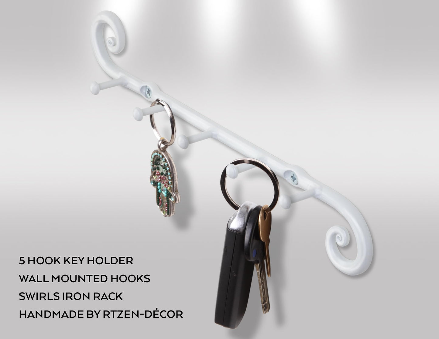 RTZEN Farmhouse Small Key Holder for Wall - Handcrafted Swirl Decorative 5 Key Hooks for Home Entryway - Wrought Iron Wall Mount Rack Purse Coat and Leash Holder or Organizer (Classic White)