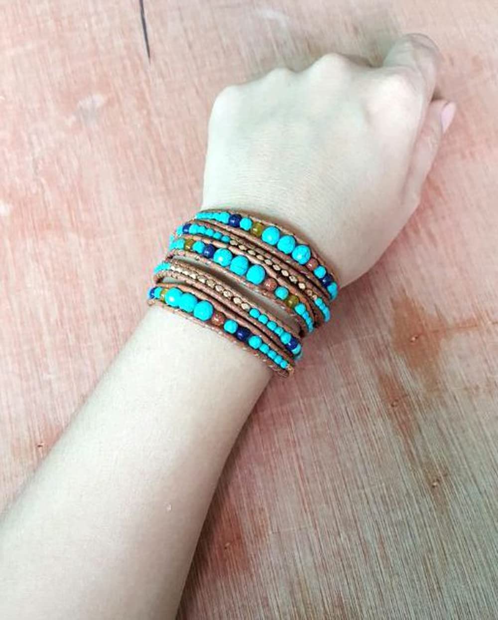 ZOSOJONA Handmade Boho Wrap Bracelet For Women Adjustable Nature Stone Turquoise Crystal Beaded Bracelets