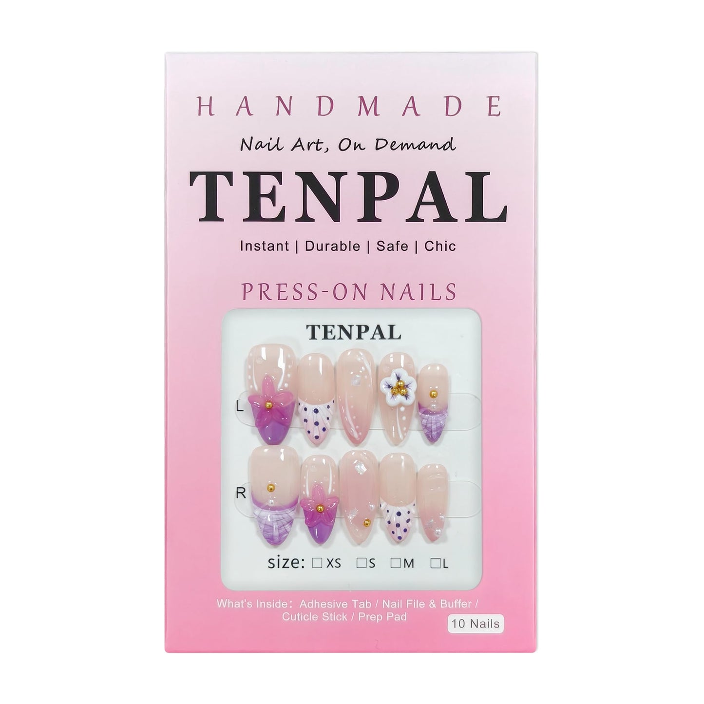 TENPAL Handmade Soft Lilac French Tips Press on Nails Medium Almond with 3D Glitter Floral & Pearl, Handmade & Reusable, Sheer Flattering False Nails for Everyday Summer Wear 10PCS(S)