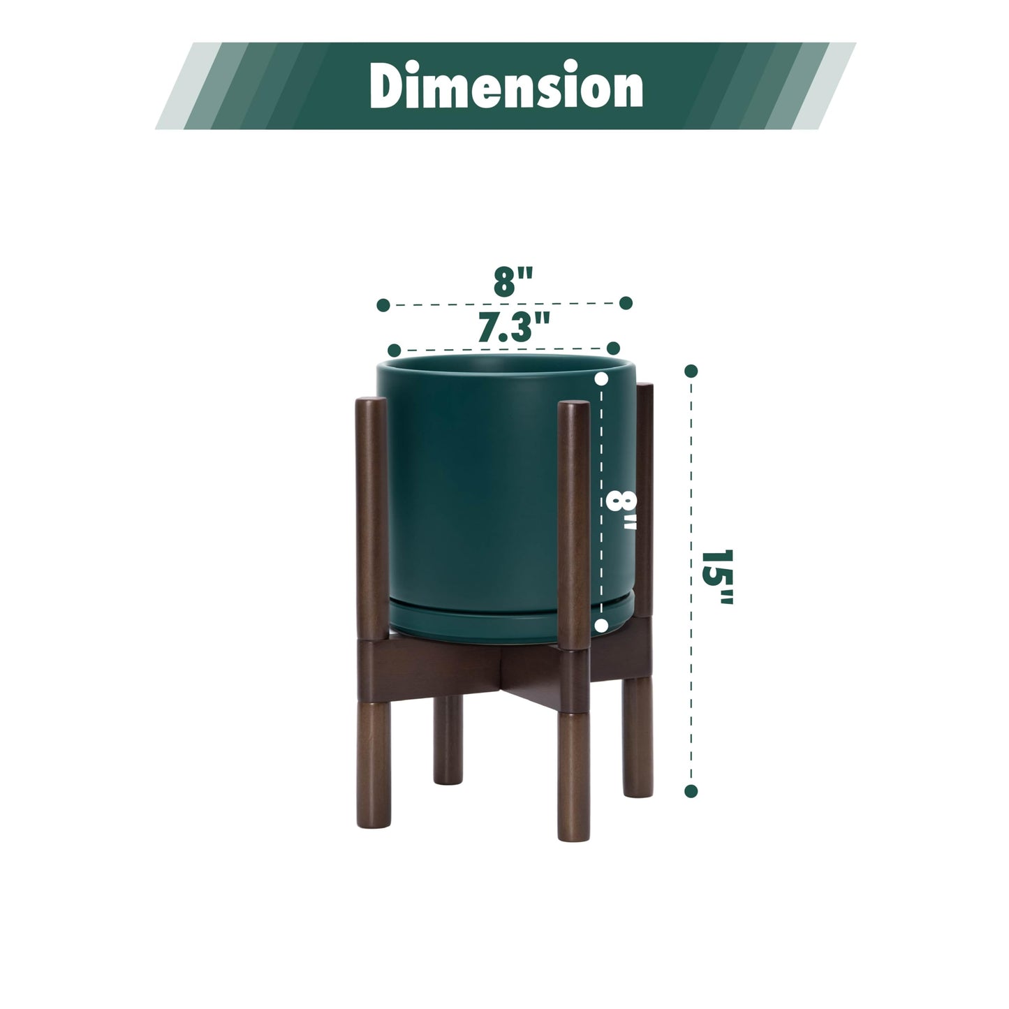 D'vine Dev Ceramic Planter with Walnut Color Stand - 8 Inch Modern Round Flower Pot with Wood Planter Holder, Teal, 55-B-Y-4