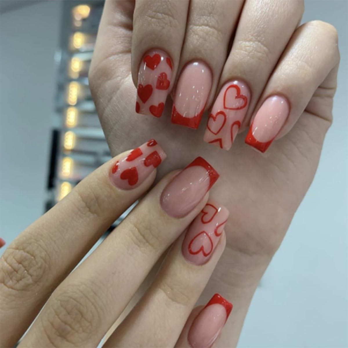 6 Packs (144 Pcs) Square Press on Nails - French Tip, Red, Heart False Nails - Short, Medium Glue on Fake Nails for Women - 12 Sizes, 6 Styles