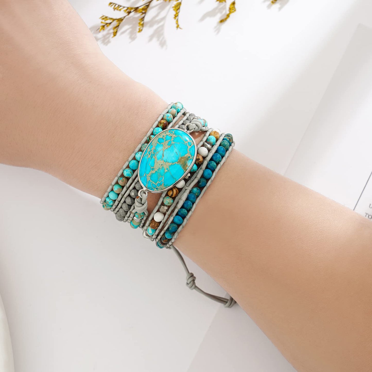 Plumiss Boho Wrap Bracelets Natural Turquoise Stone Crystal Bead Wrap Bracelet for Women Men