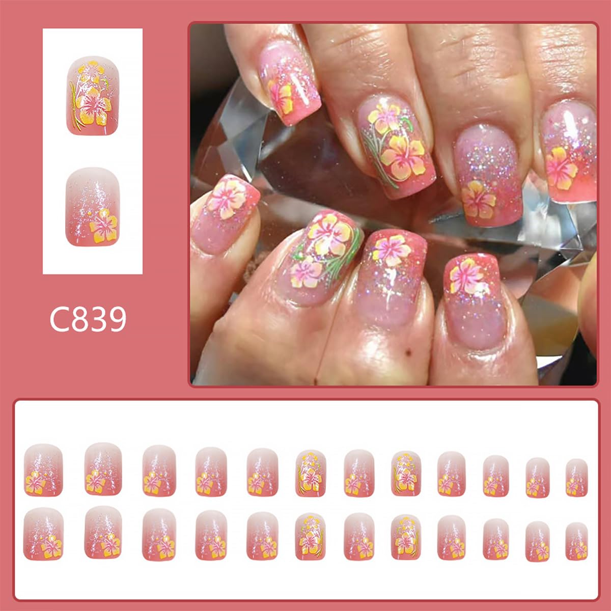 24Pcs Pink French Tip Press on Nails Short Square Fake Nails Yellow Flower Design Spring Summer False Nails Full Cover Artificial Glue on Nails Cute False Nails Stick on Nails for Women Nail Supplies