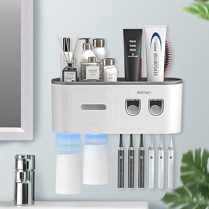 Toothbrush Holders Wall Mounted, Toothbrush Holder with Automatic Toothpaste Dispensers, 6 Brush Slots, 2 Magnetic Cups,1 Cosmetic Drawer Organizer and 1 Large Storage Tray