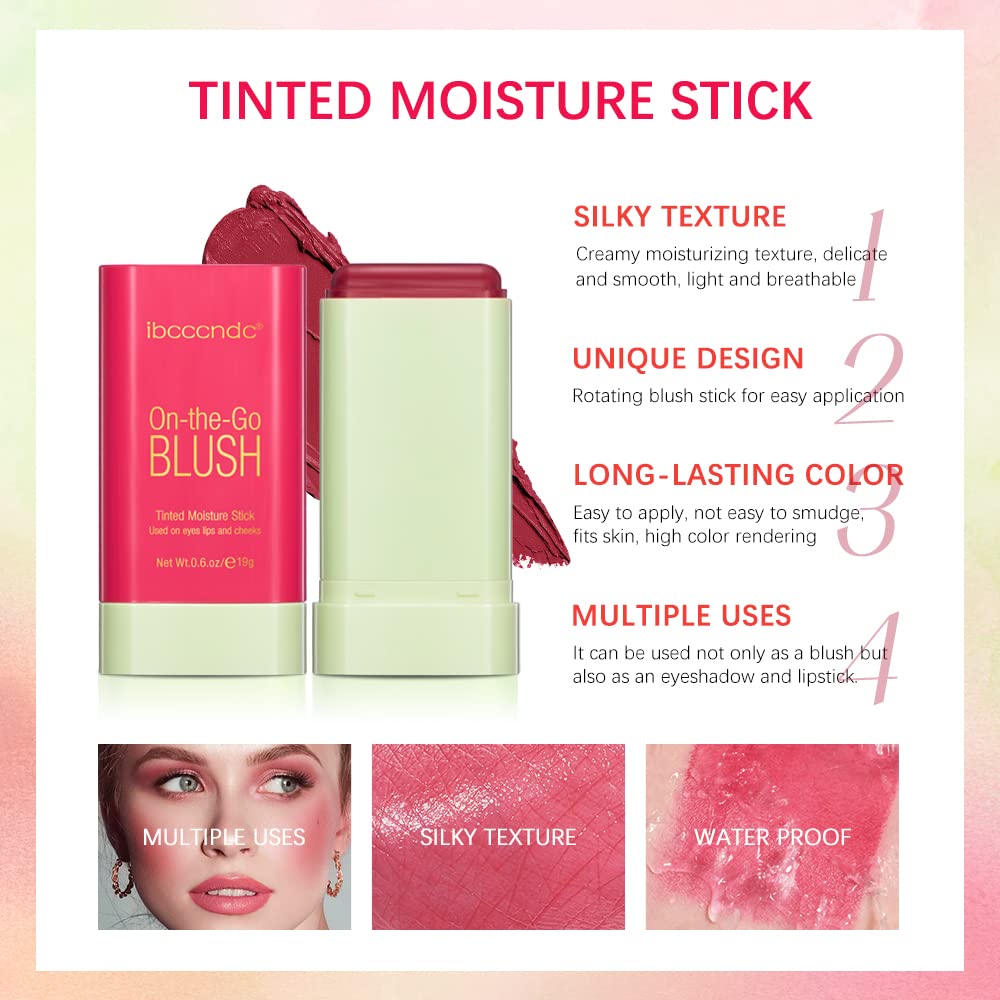 Blush Stick Matte Finish Waterproof Long Lasting Pink Red Cheek Lip Make-up Multi Lip Tint Stick Highlighter High Pigment Rouge Blush for Women Lady Daily Lip Cheek Makeup (2#hot red)