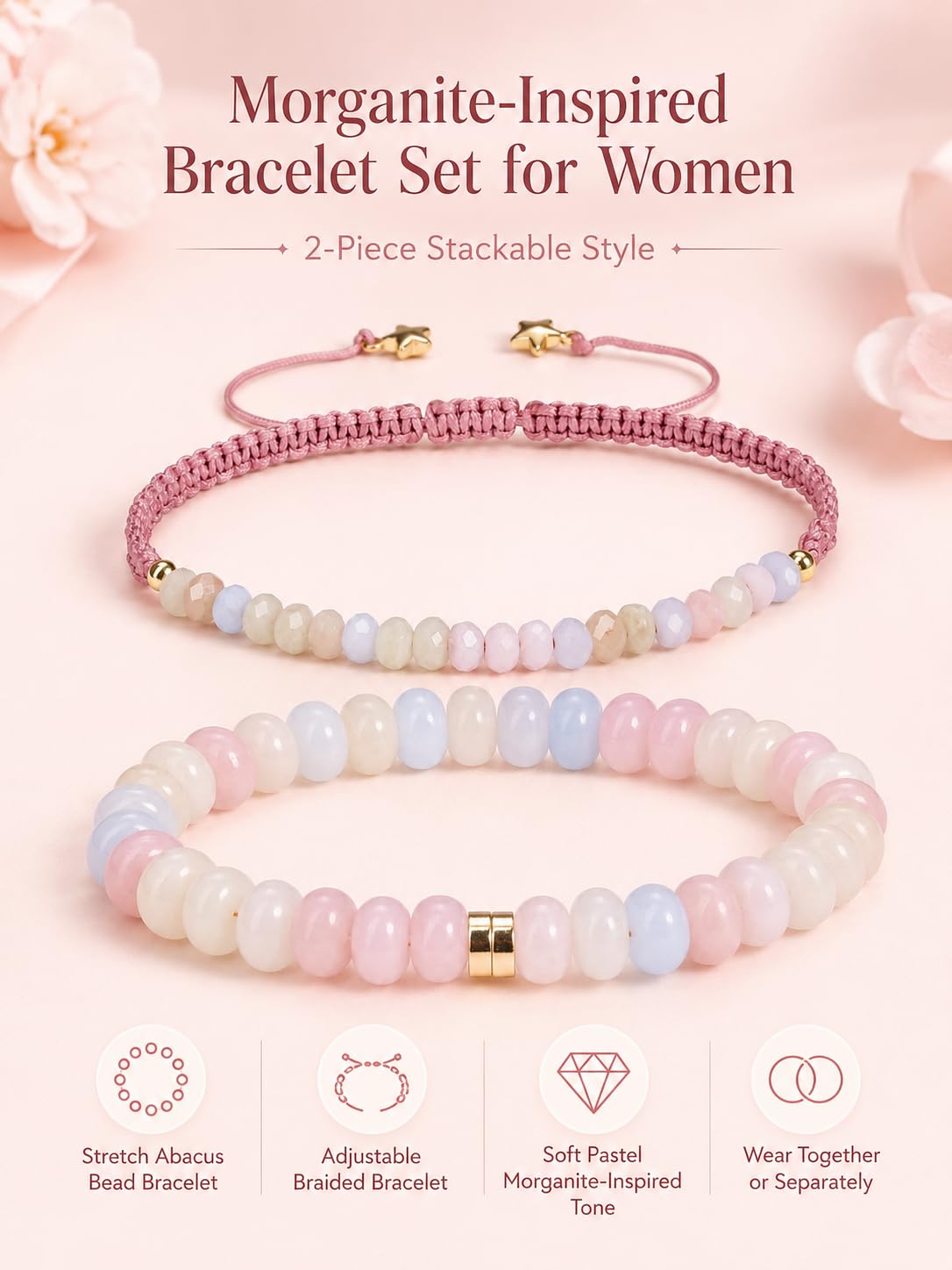 CrystalTears Morganite Beaded Bracelets for Women, 2pcs Stackable Boho Crystal Gemstone Bracelets Set with Stretch Bracelet and Adjustable Braided Bracelet Summer Beach Jewelry Gifts for Women Her
