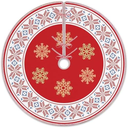 Red Christmas Tree Skirt 36 Inch, Red Christmas Decorations, Winter Xmas Snowflake Reindeer Tree Skirt for Home Xmas Party Winter Holiday Decor