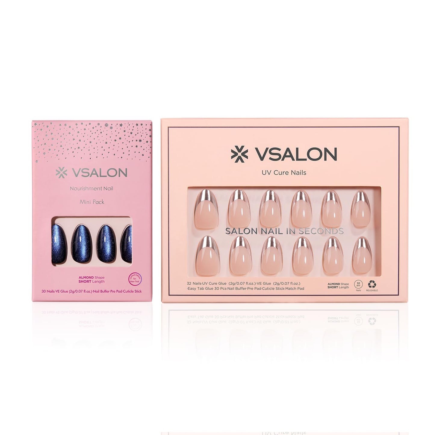 VSALON Press on Nails Short Almond - Deep Blue Cat Eye & Silver Metallic Finish French Tip