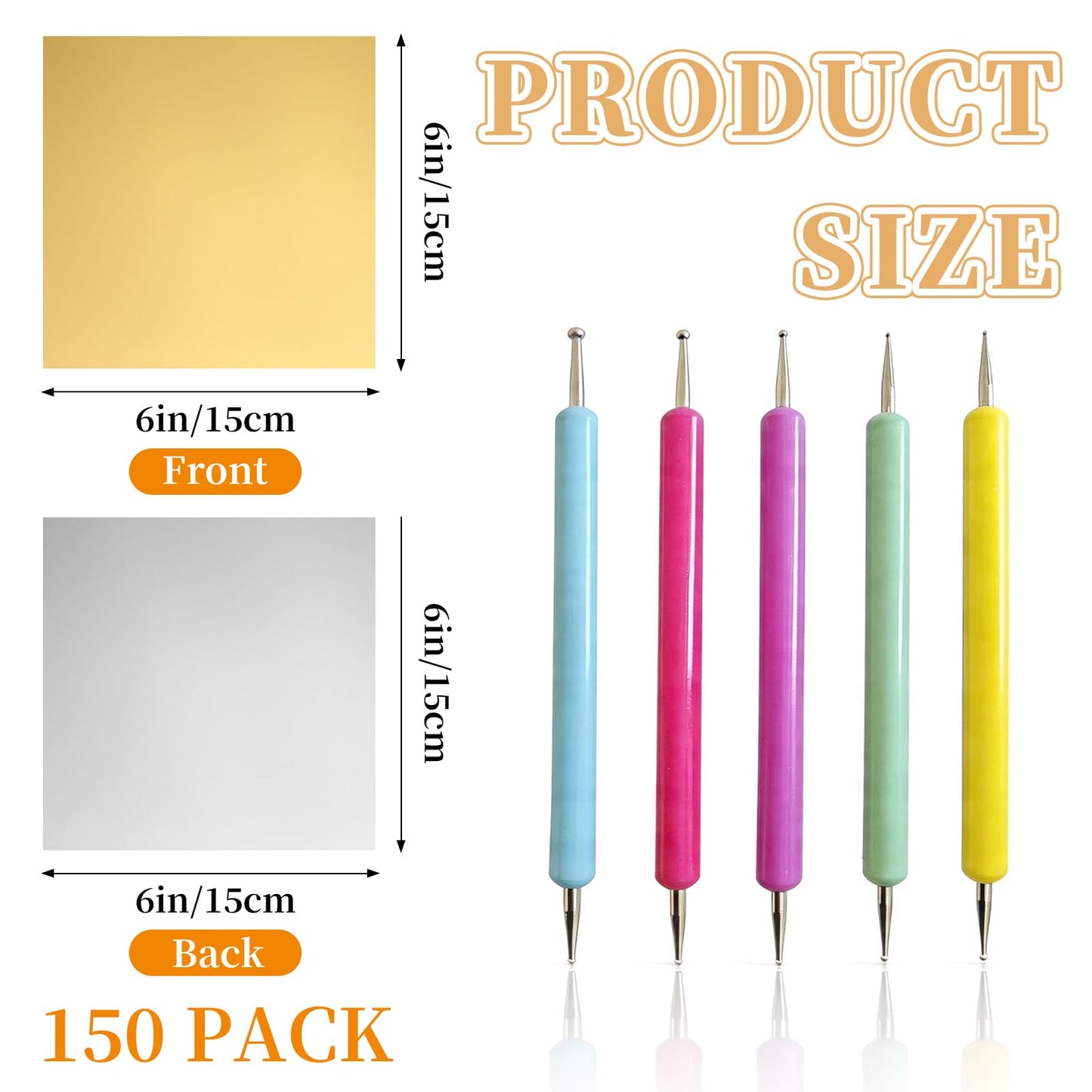 Aemygo 150 Pcs Aluminum Foil Sheets for DIY Crafts, 6 inch Heavy Duty Metal Embossing Sheet with Stylus Tools, Gold Square Tin Foil for DIY Painting and Embossing