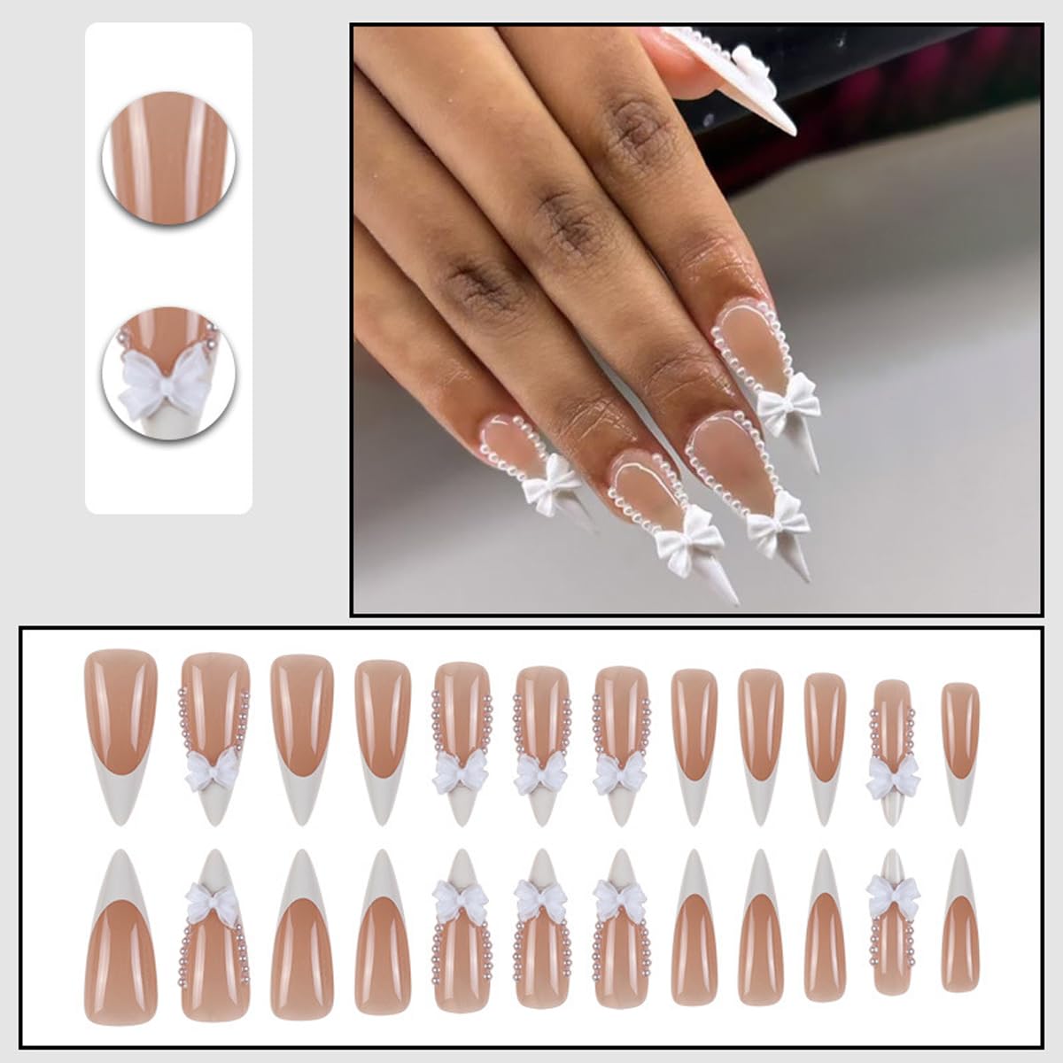 Valentine‘s Day Long Stiletto Press on Nails for Women - White French Tip with 3D Bow & Pearls, Dramatic Glossy Acrylic Fake Nails, Luxurious Full Cover Manicure Set, 24PCS
