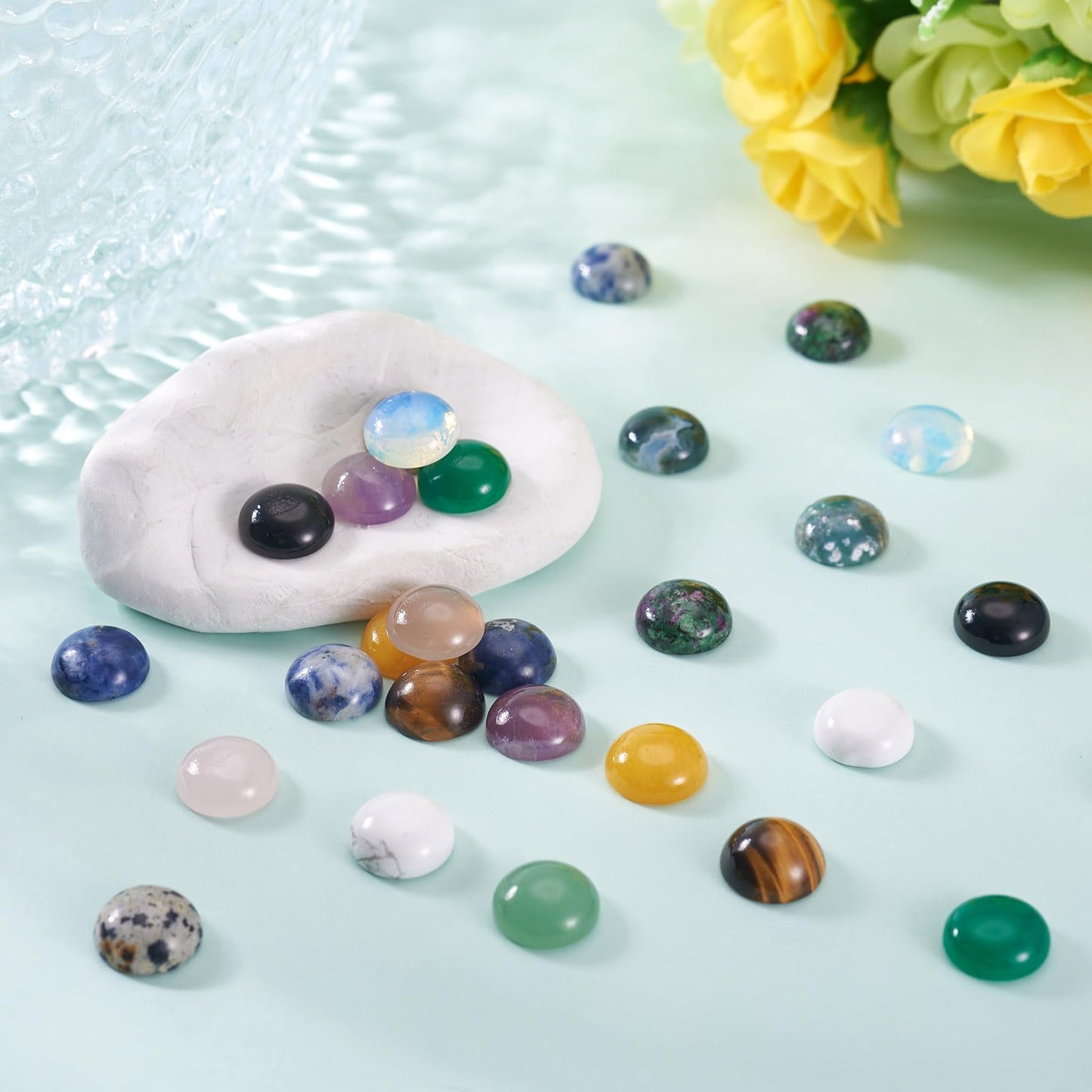 Fashewelry 30pcs Mixed Natural Gemstone Cabochons 12mm Flat Round Crystal Stone Cab Covers Chakra Healing Stone Beads for Earring, Pendant, Bookmark Cabochon Setting Jewelry Making