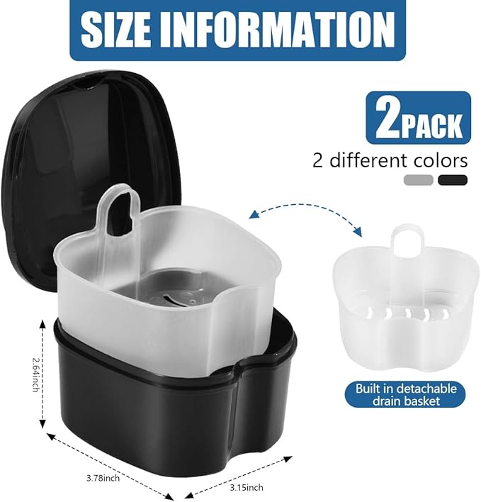 2 Pack Colors Denture Bath Case Cup Box Holder Storage Soak Container with Strainer Basket for Travel Cleaning (White and Black)