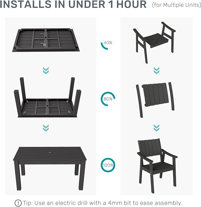 ZHUSI Patio Table and Chairs Set, Outdoor Table and Chairs,HDPE Outdoor Dining Set with Umbrella Hole for Backyard, Poolside, Porch (Black, 5 PCS)