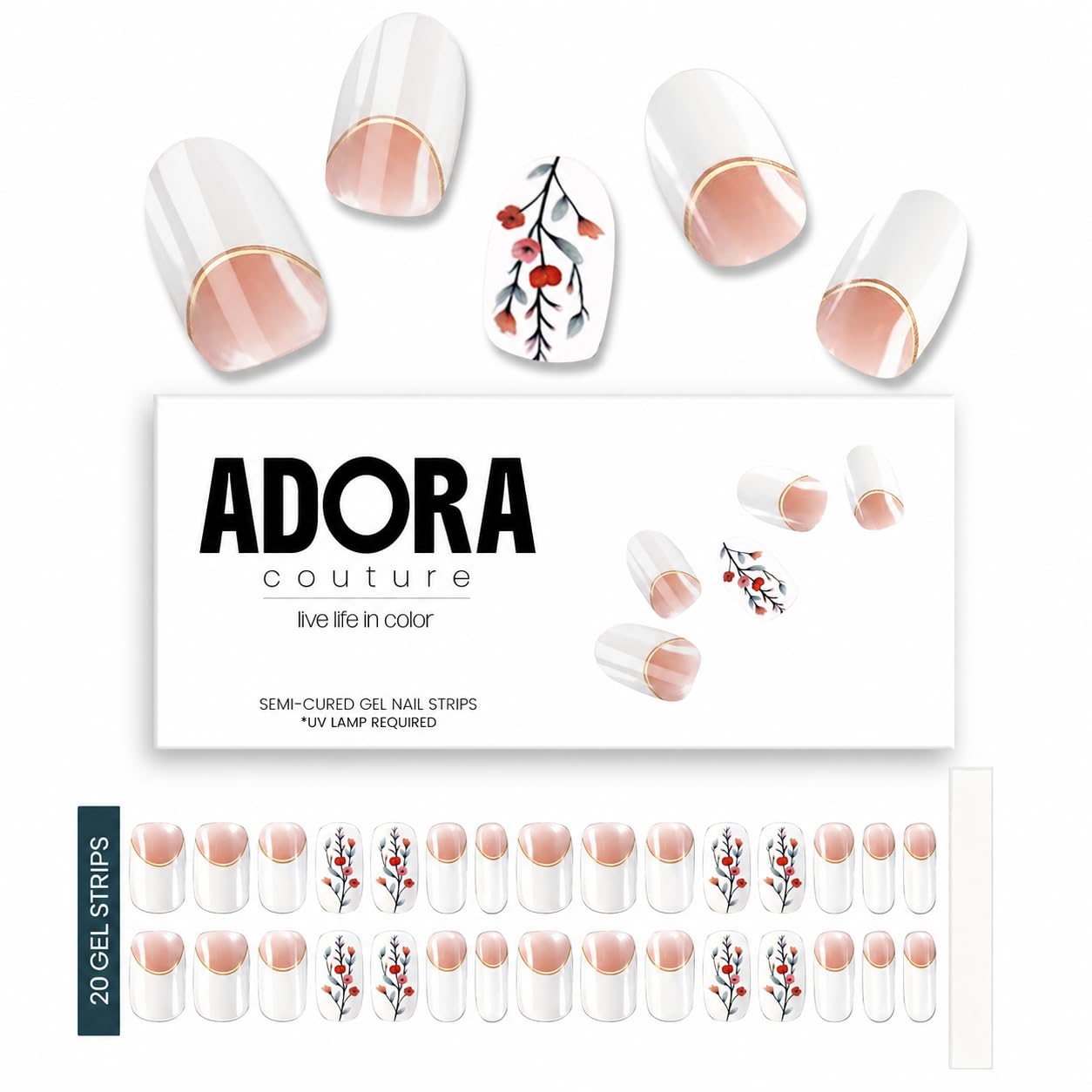 Adora Couture Semi Cured Gel Nail Strips with 30 Pieces - UV Gel Stickers, Manicure Kit, Easy Application Wraps Includes Prep Pads, Nail File, Wooden Stick - UV Light Required (White Botanical)
