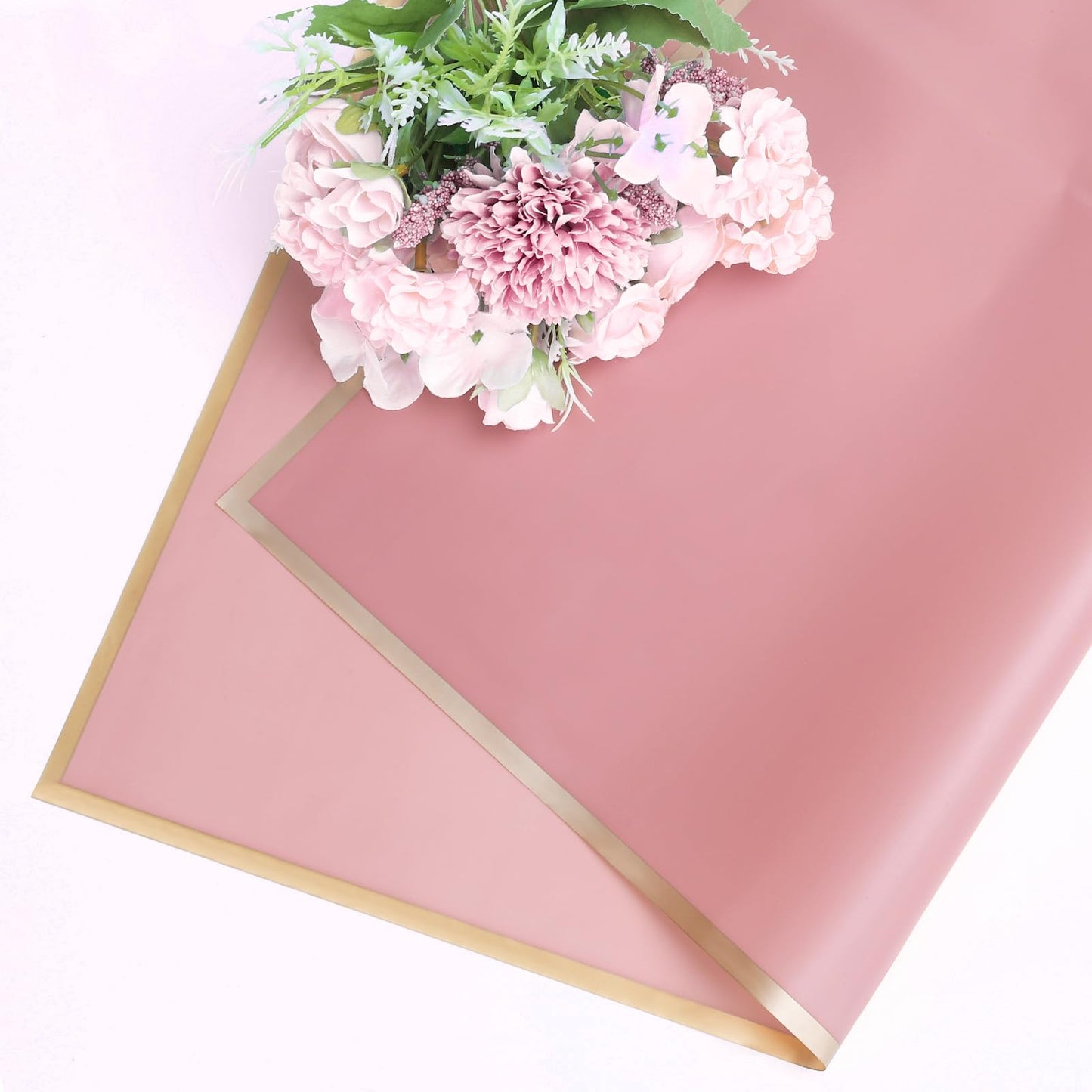 Whaline 30 Sheets Floral Wrapping Paper Folded Flat Pink Flower Bouquet Wrap Paper with Rose Gold Edge Waterproof Double Sided Florist Packaging Paper for Wedding Birthday