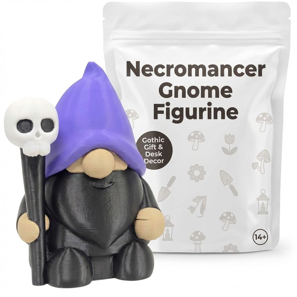 Necromancer Gnome Collectible Figurine - Detailed Gothic Desk Decor with Skull Staff for Unique Gift and Display - 3D Printed in Canada