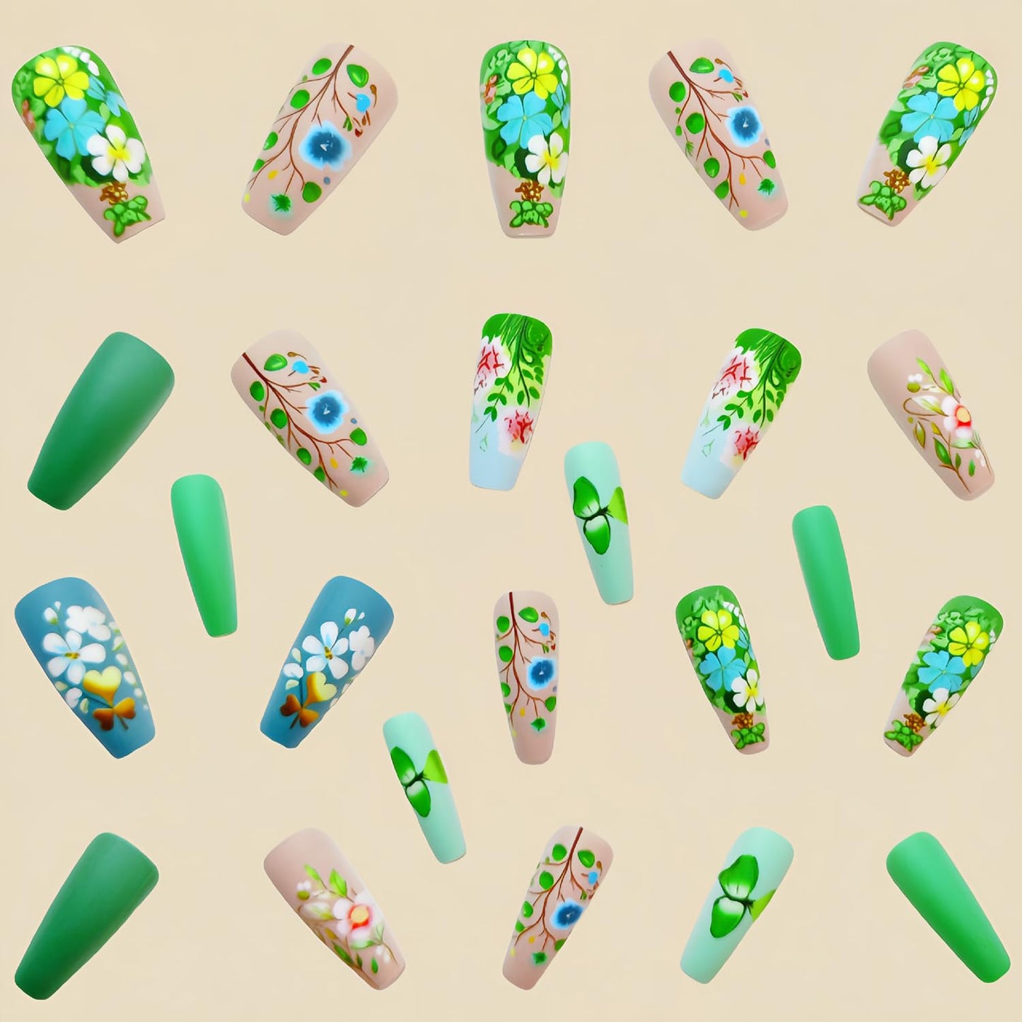 CJDLTS Green Press on Nails Medium Square Nails Flower False Nails Spring Floral Pattern Design Coffin Nails Full Cover Artificial Nails Reusable Stick on Nails 24Pcs Glue on Nails for Women