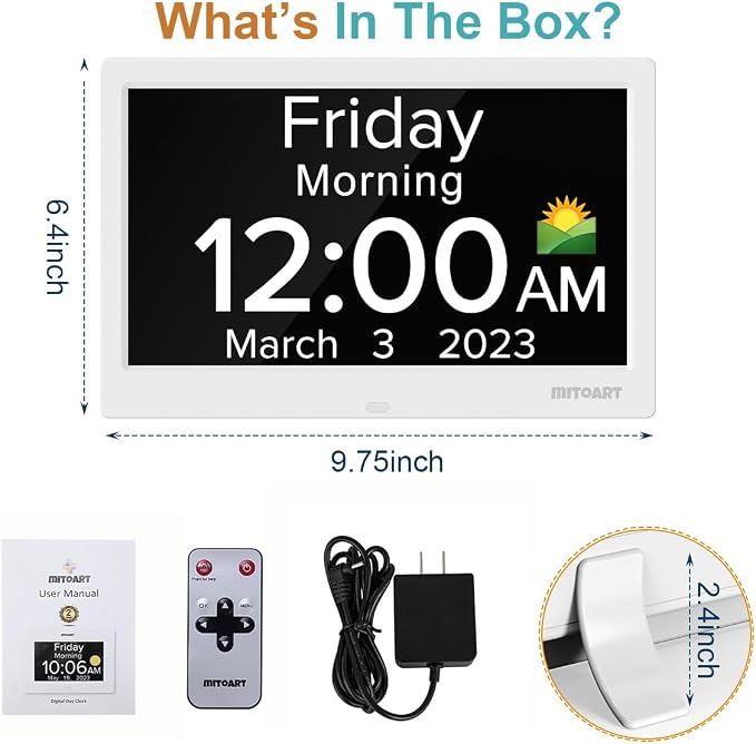 10.1 Inch Digital Alarm Clock with Date and Day of Week for Dementia Seniors, Clear Large Screen, Multiple Alarm Sets, Auto DST, Designed Specifically for Elderly - White