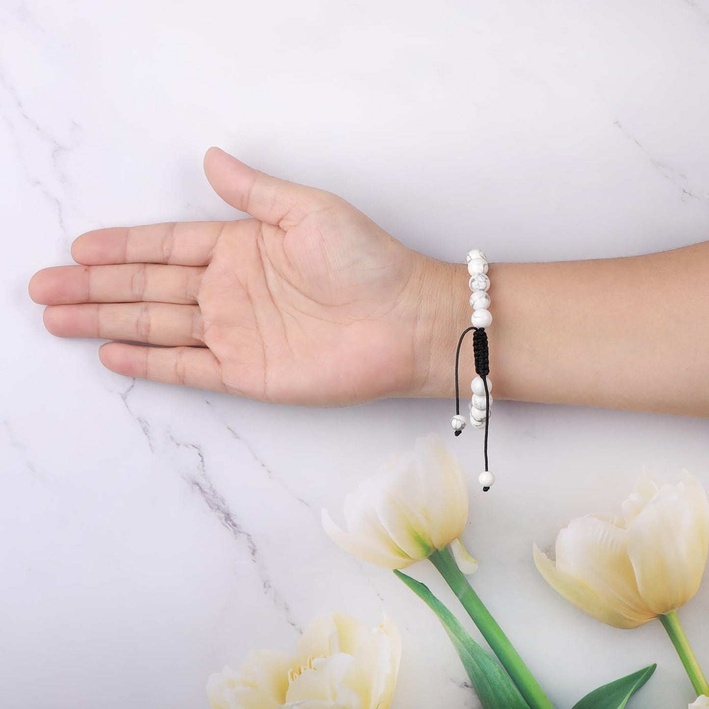 AD Beads 4mm Howlite - Calmness for Sleep - Handmade Natural Stone Crystal Bracelet with Adjustable Macrame String - Yoga Healing Power Energy Gifts for Men and Women