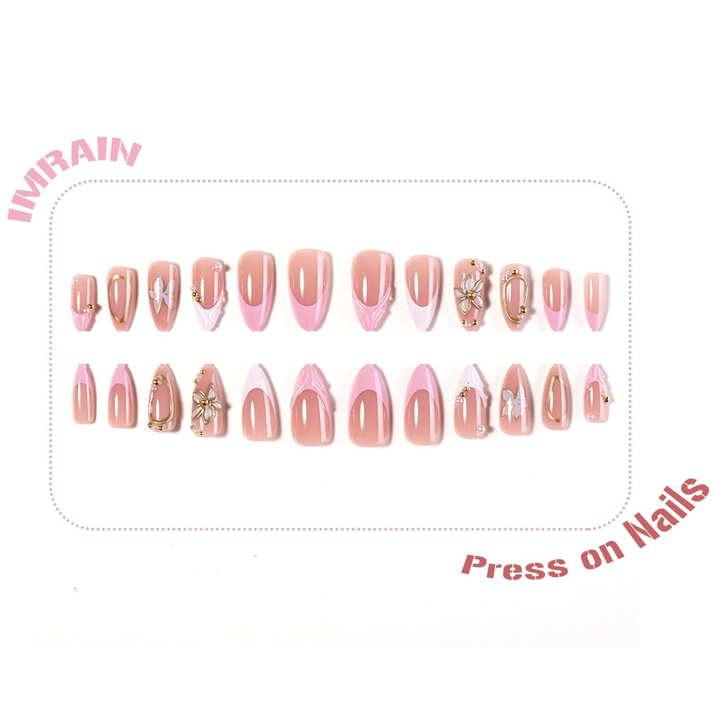 IMRAIN Pink Press on Nails Almond Medium Fake Nails with 3D Golden Flower Designs Glossy Gel Acrylic False Nails 24Pcs Glue on Nails for Women