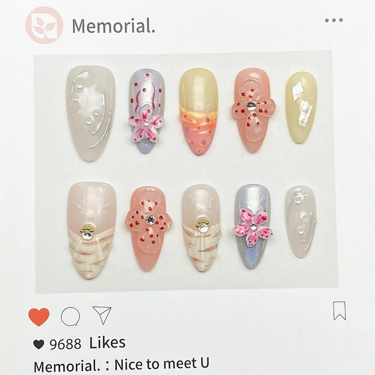 Handmade Press on Nails Medium Almond 3D Flower Fake Nails Unique False Nails with Designs Rhinestones Pearls Glossy Glue on Reusable Thick Acrylic Nails 10Pcs (S)