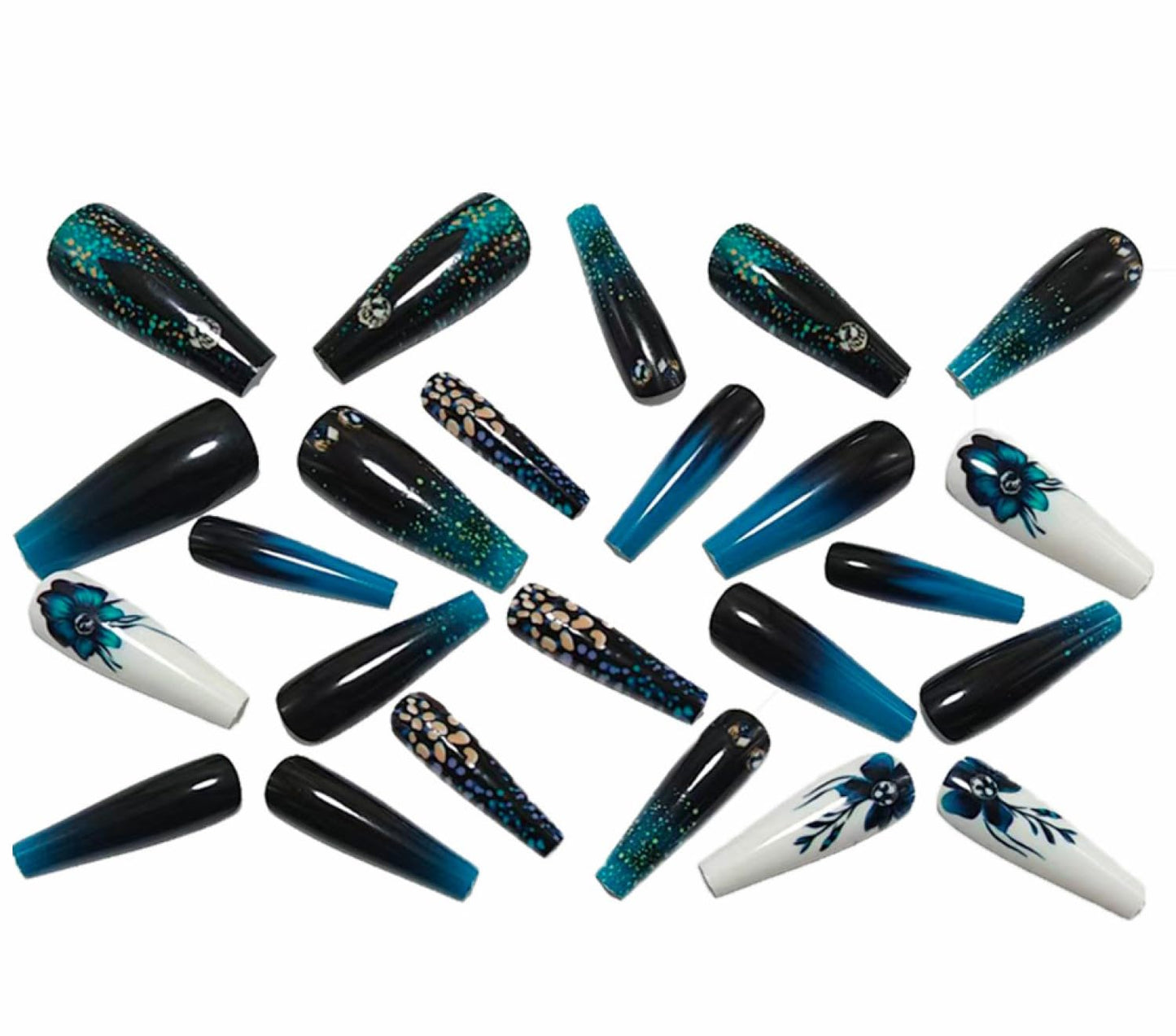 Chunmeng 24 pieces blue black gradient nail coffin, blue-green flowers with rhinestone glossy acrylic, suitable for women's daily gatherings